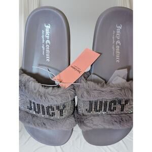 Juicy Couture JC Gravity Slide Slippers Faux Fur Gray Bling Size 6M